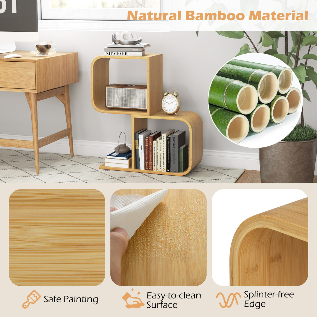 2-Tier S-Shaped Bamboo Bookcase with 2 Open Cubes for Living Room