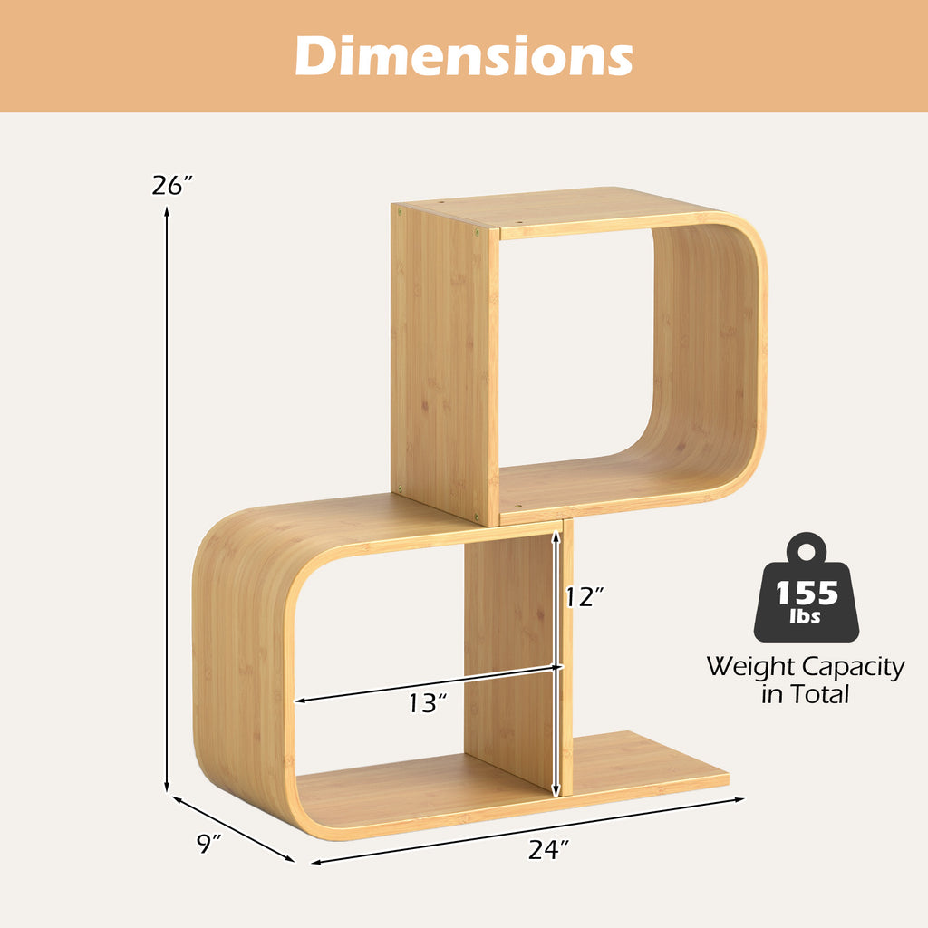 2-Tier S-Shaped Bamboo Bookcase with 2 Open Cubes for Living Room