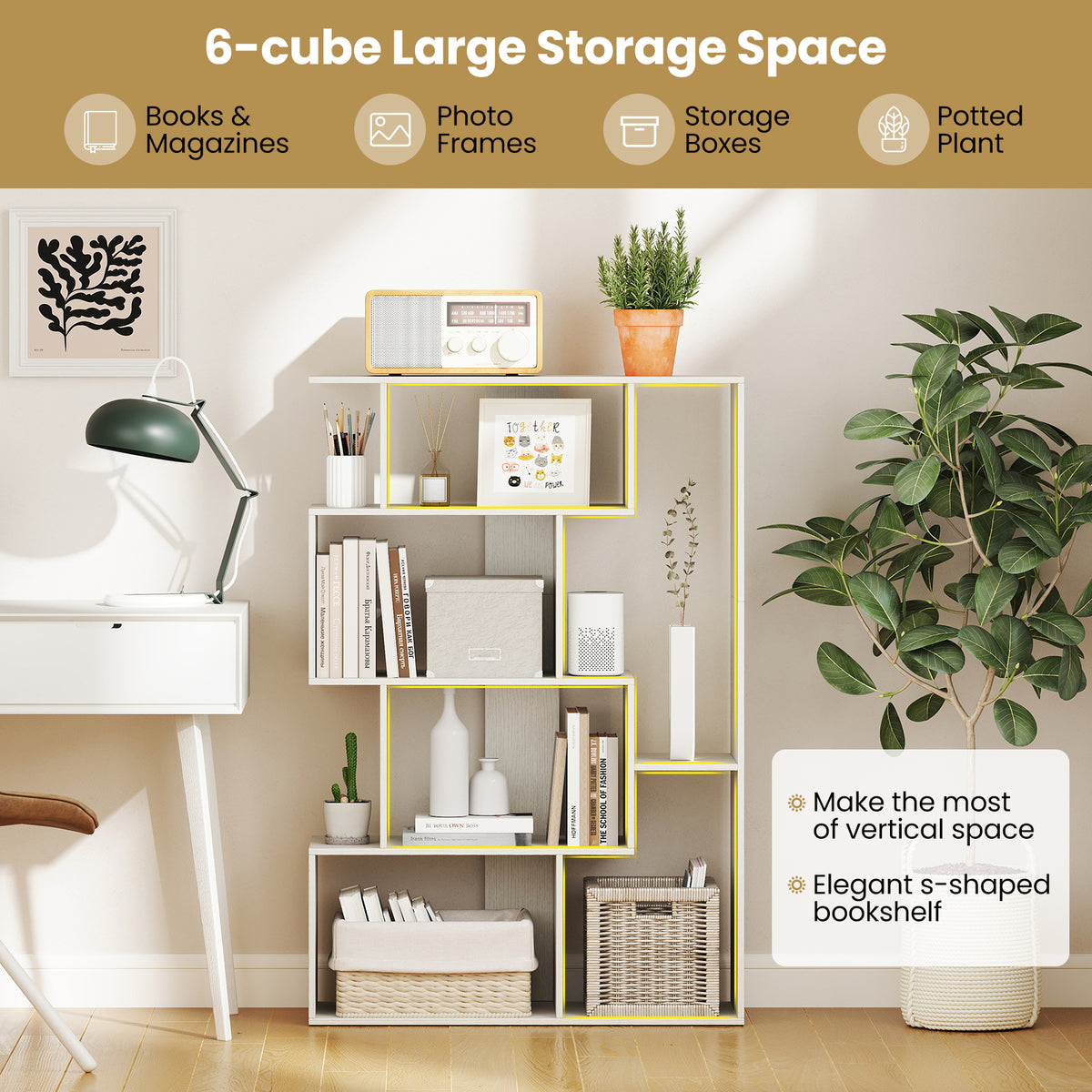 47-Inch 6-Cube Bookshelf Organizer - White