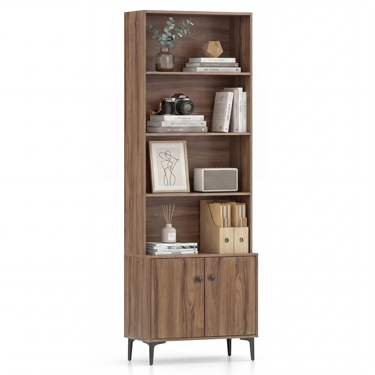 24-Inch Bookshelf with 2 Doors, White – Open & Closed Storage