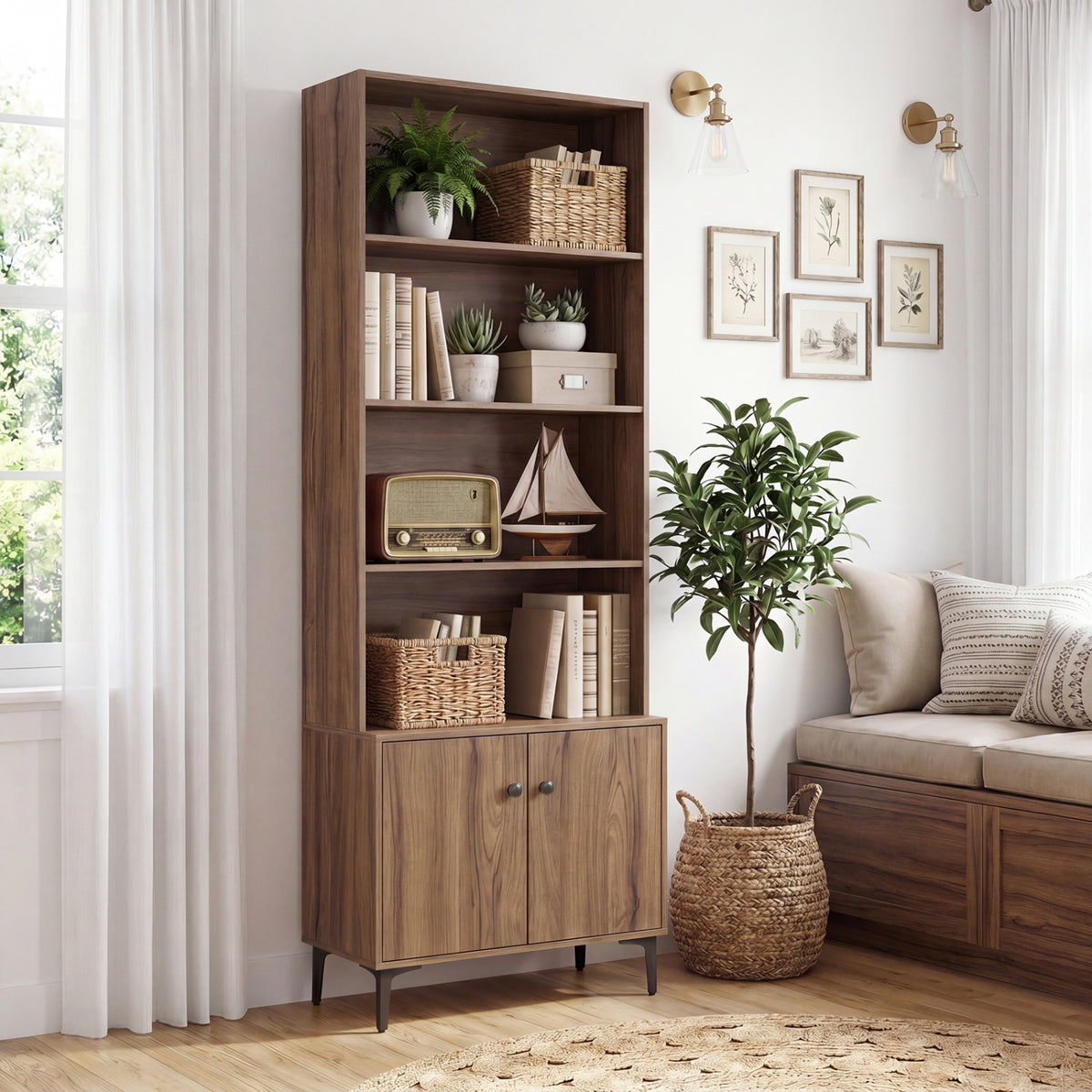 24-Inch Bookshelf with 2 Doors, White – Open & Closed Storage