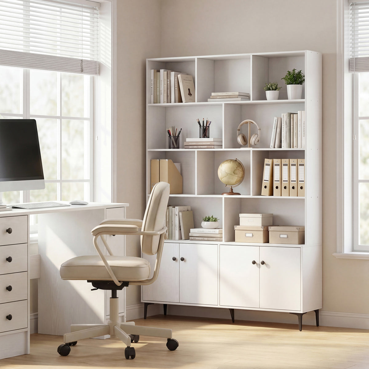 Bookshelf with 4 Doors and 2 Anti-Tipping Kits for Home Office