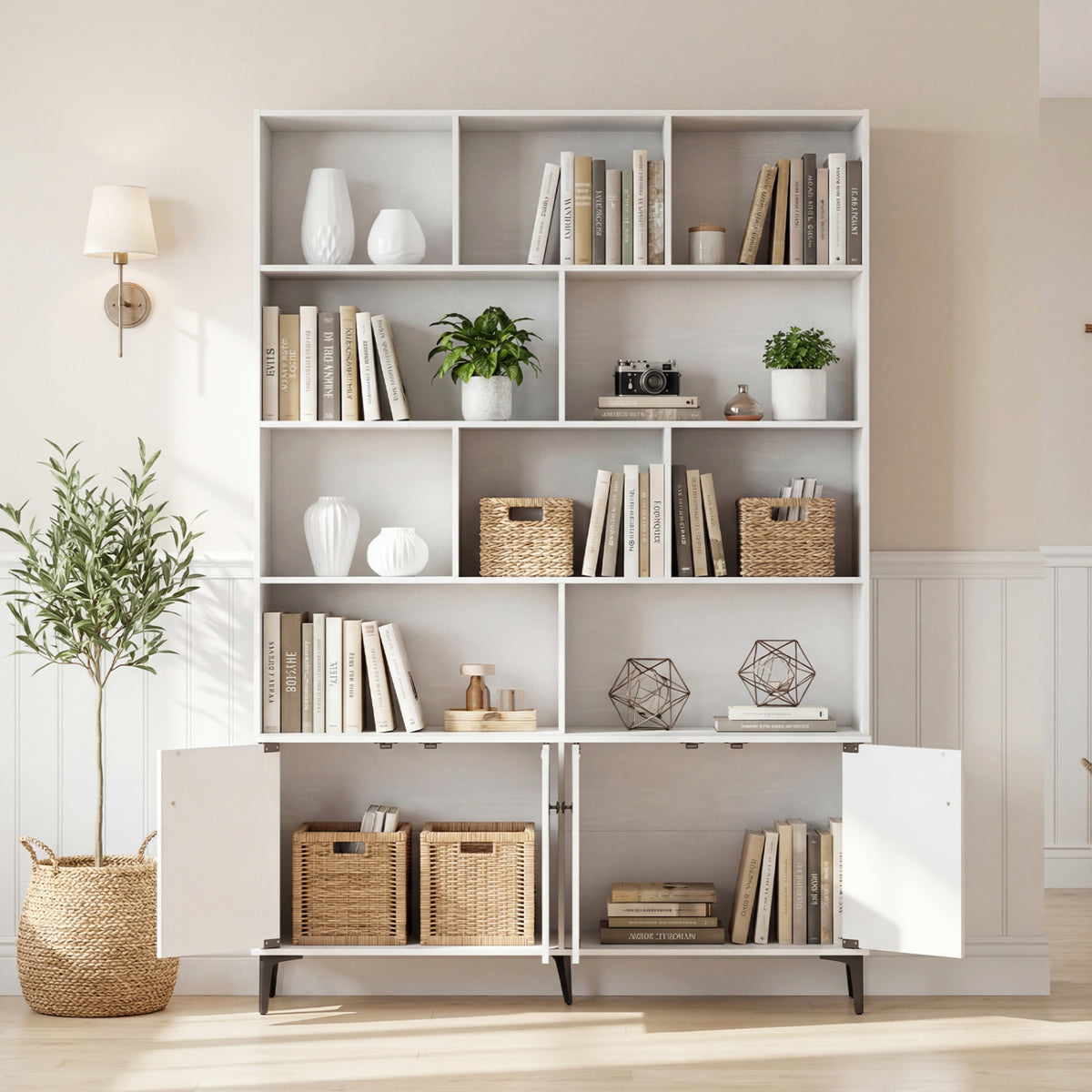Bookshelf with 4 Doors and 2 Anti-Tipping Kits for Home Office