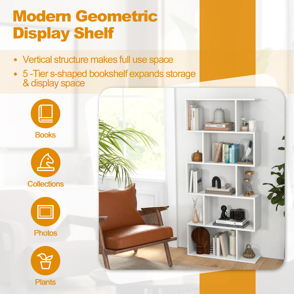 5-Tier Bookshelf with Anti-Toppling Device - White