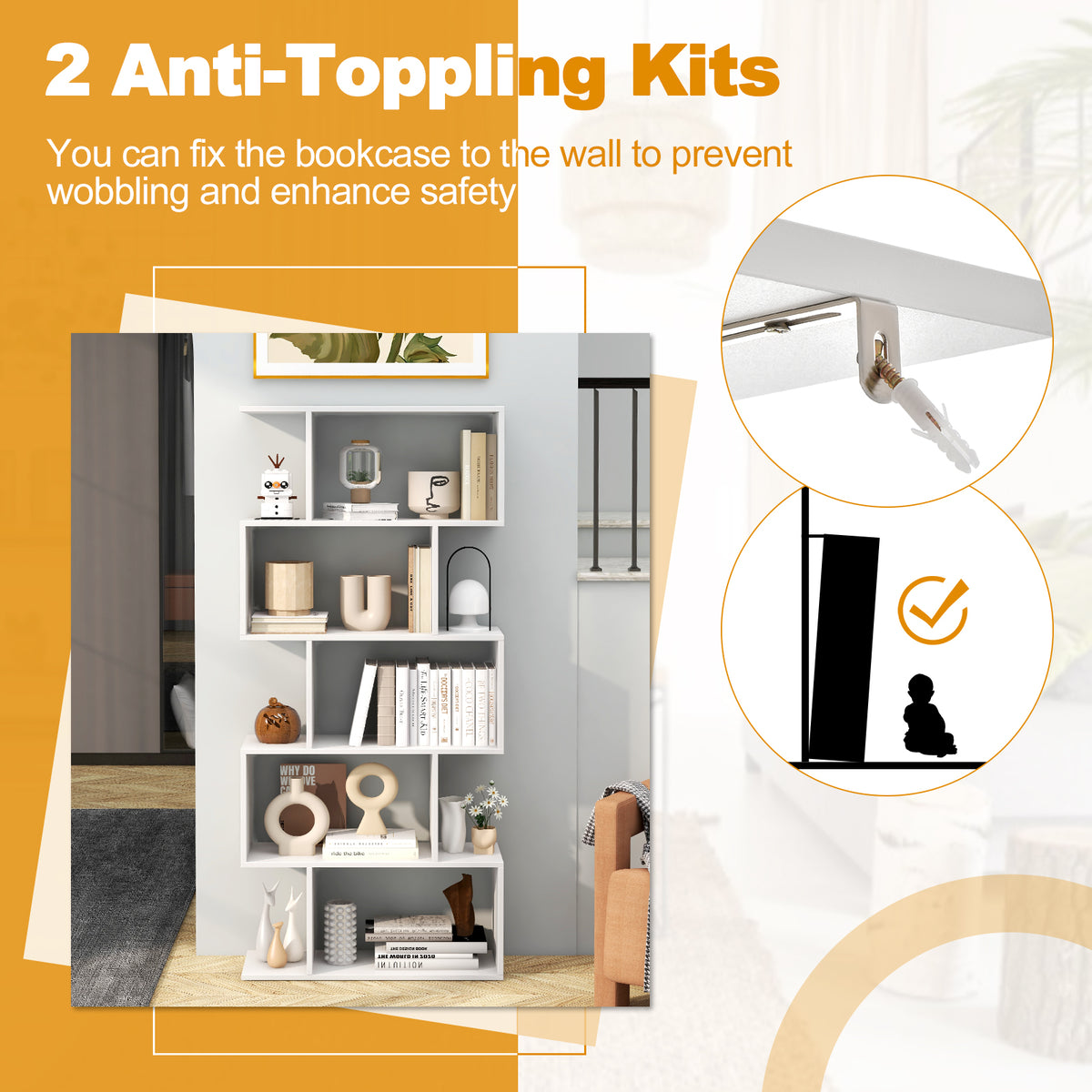 5-Tier Bookshelf with Anti-Toppling Device - White