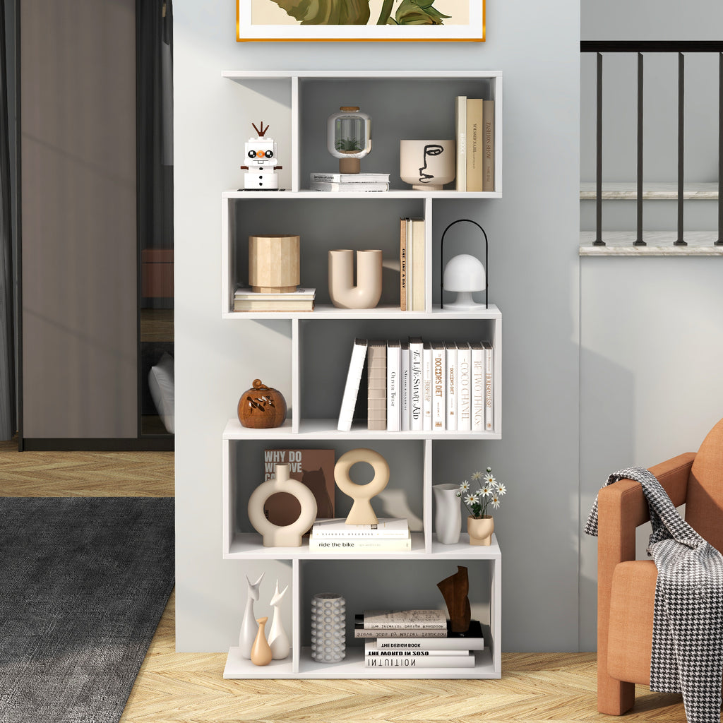 5-Tier Bookshelf with Anti-Toppling Device - White