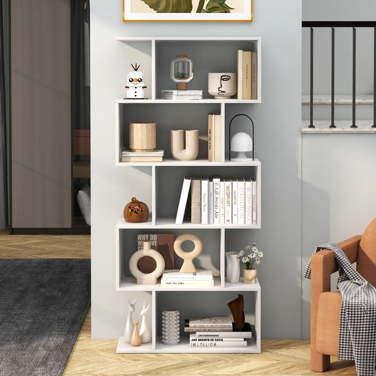5-Tier Bookshelf with Anti-Toppling Device - White