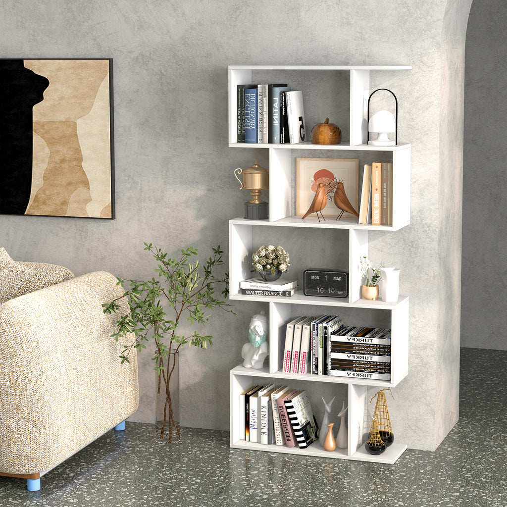 5-Tier Bookshelf with Anti-Toppling Device - White