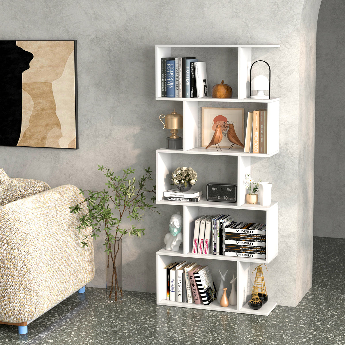 5-Tier Bookshelf with Anti-Toppling Device - White