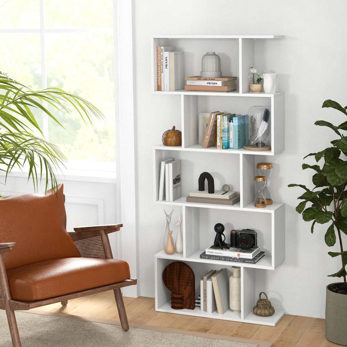 5-Tier Bookshelf with Anti-Toppling Device - White