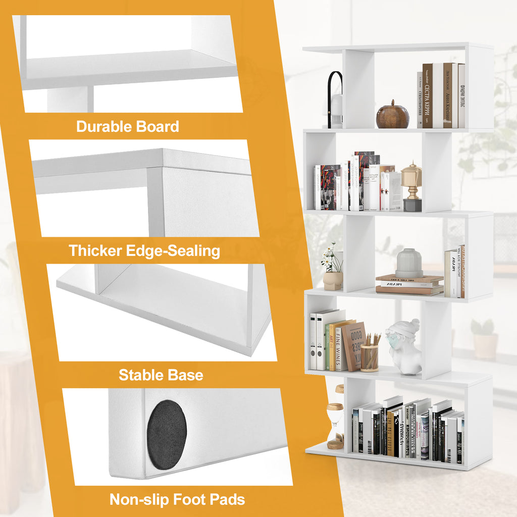 5-Tier Bookshelf with Anti-Toppling Device - White