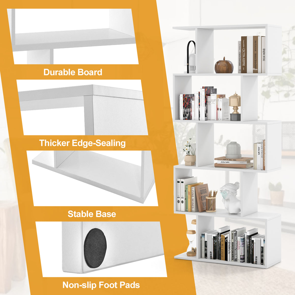 5-Tier Bookshelf with Anti-Toppling Device - White