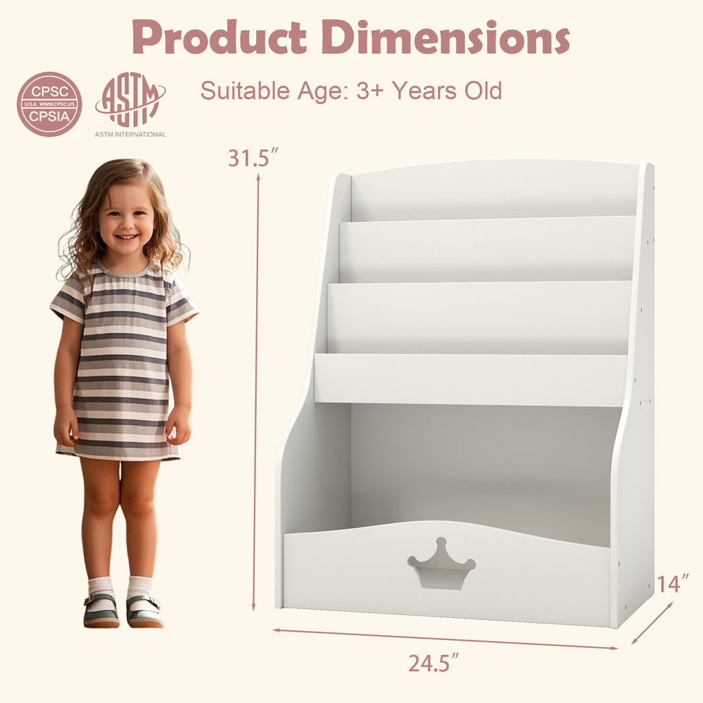 Kids 4-Tier White Bookshelf with Shelves and Compartments - Childrens Storage