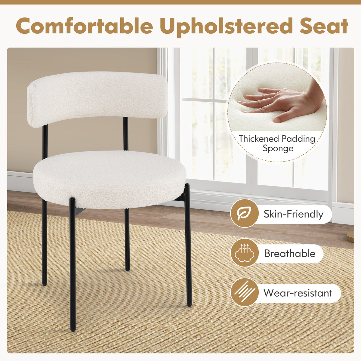 Boucle Dining Chair Set of 4 - White with Curved Backrest