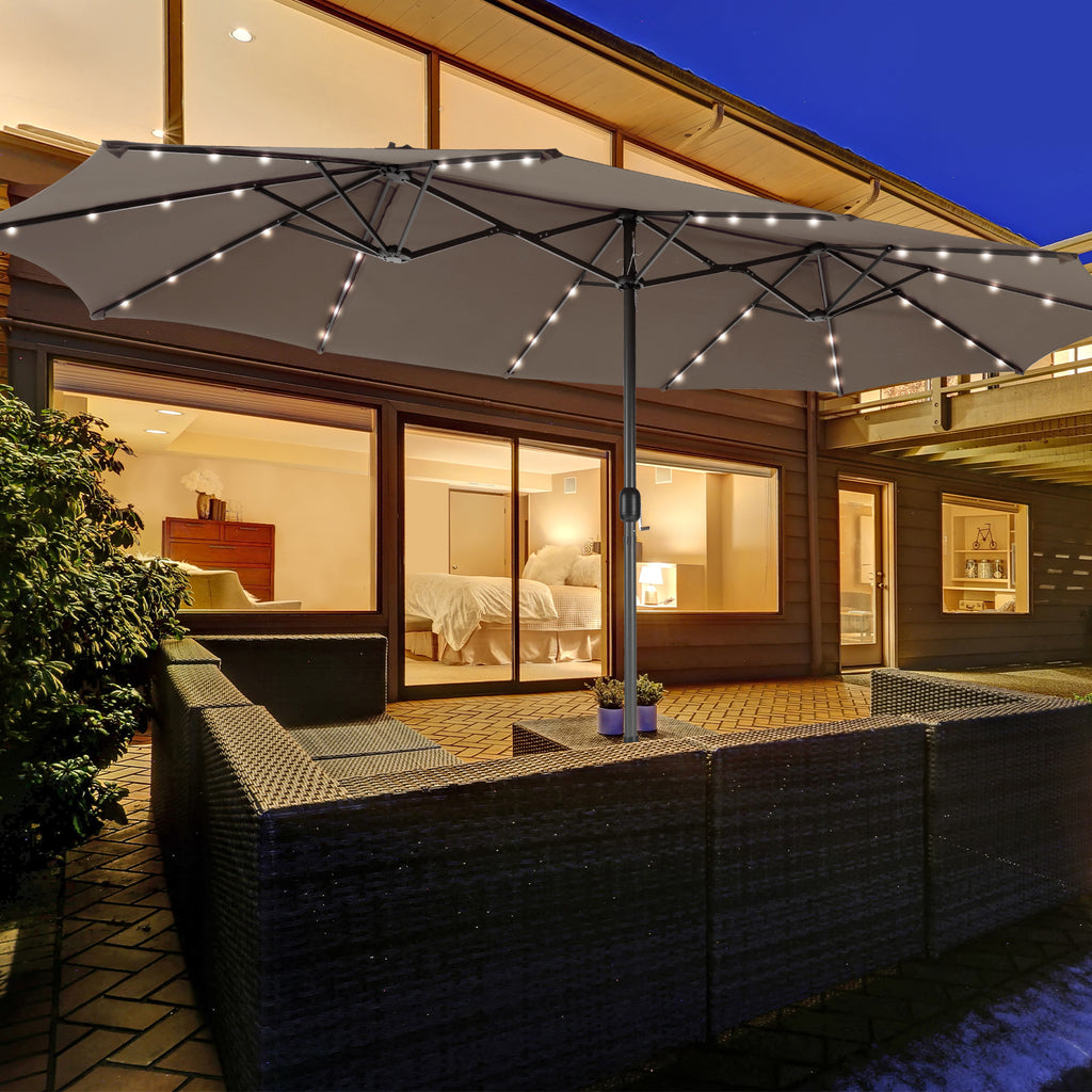15ft Double-Sided Patio Umbrella with Solar LED Lights - Brown with Base