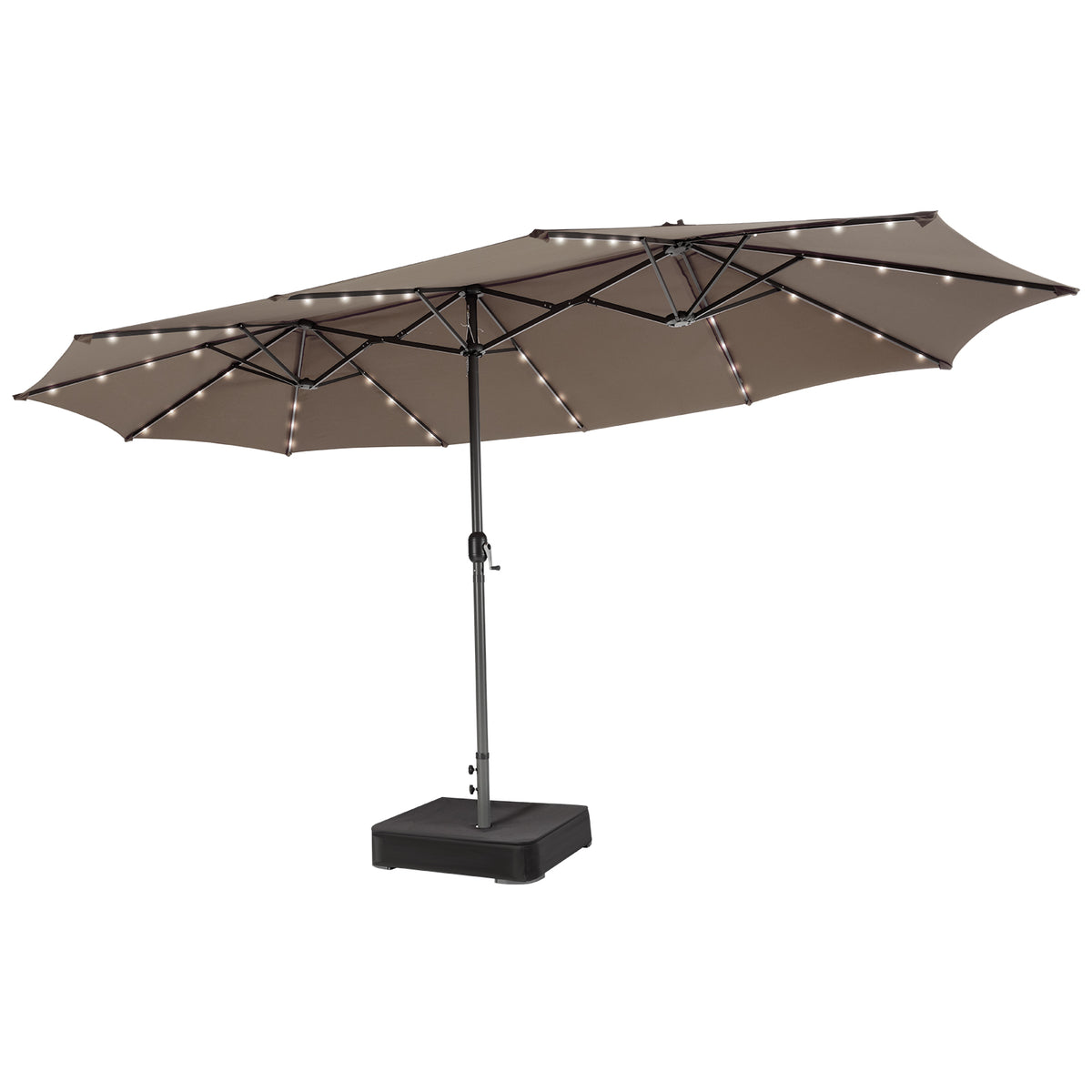 15ft Double-Sided Patio Umbrella with Solar LED Lights - Brown with Base