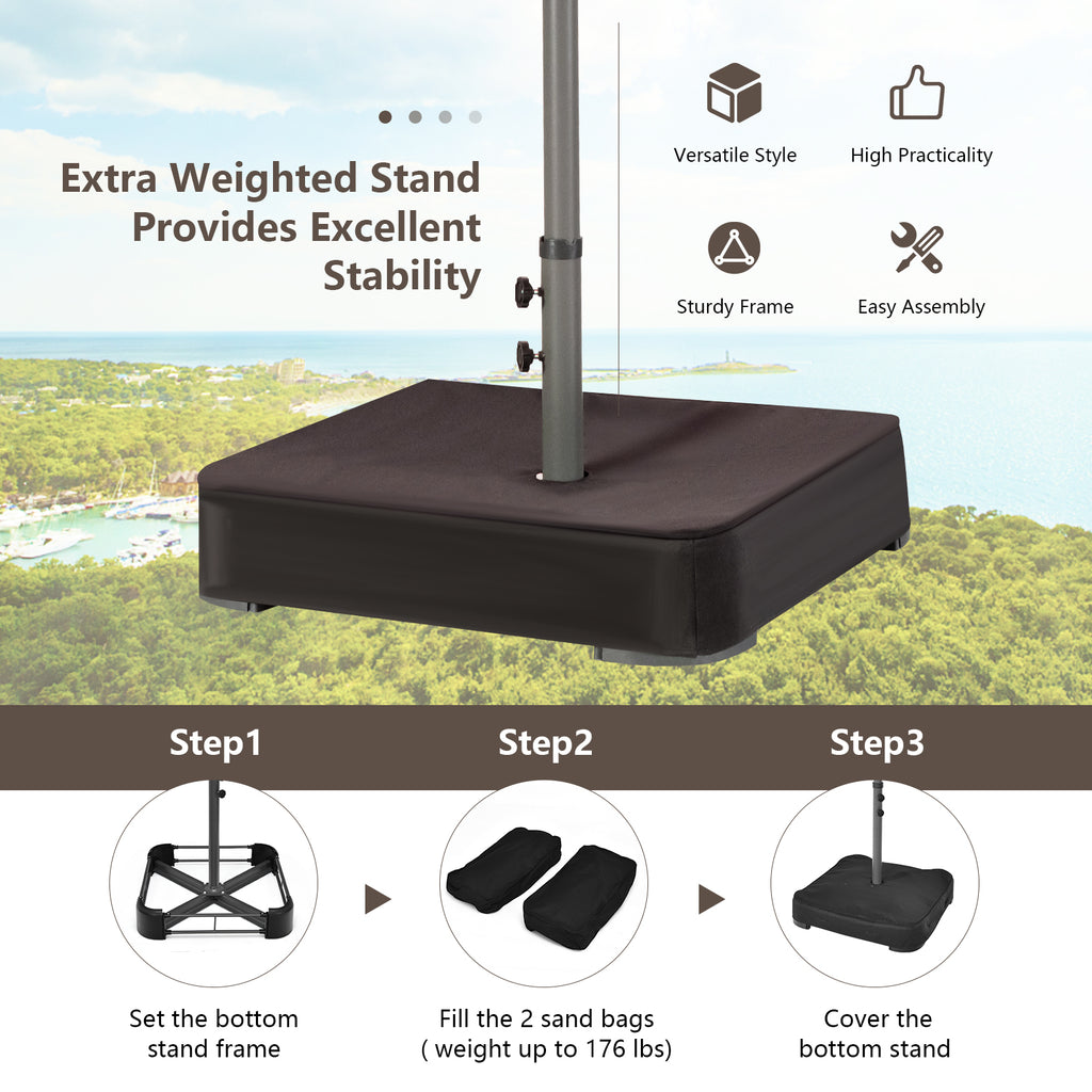 15ft Double-Sided Patio Umbrella with Solar LED Lights - Brown with Base