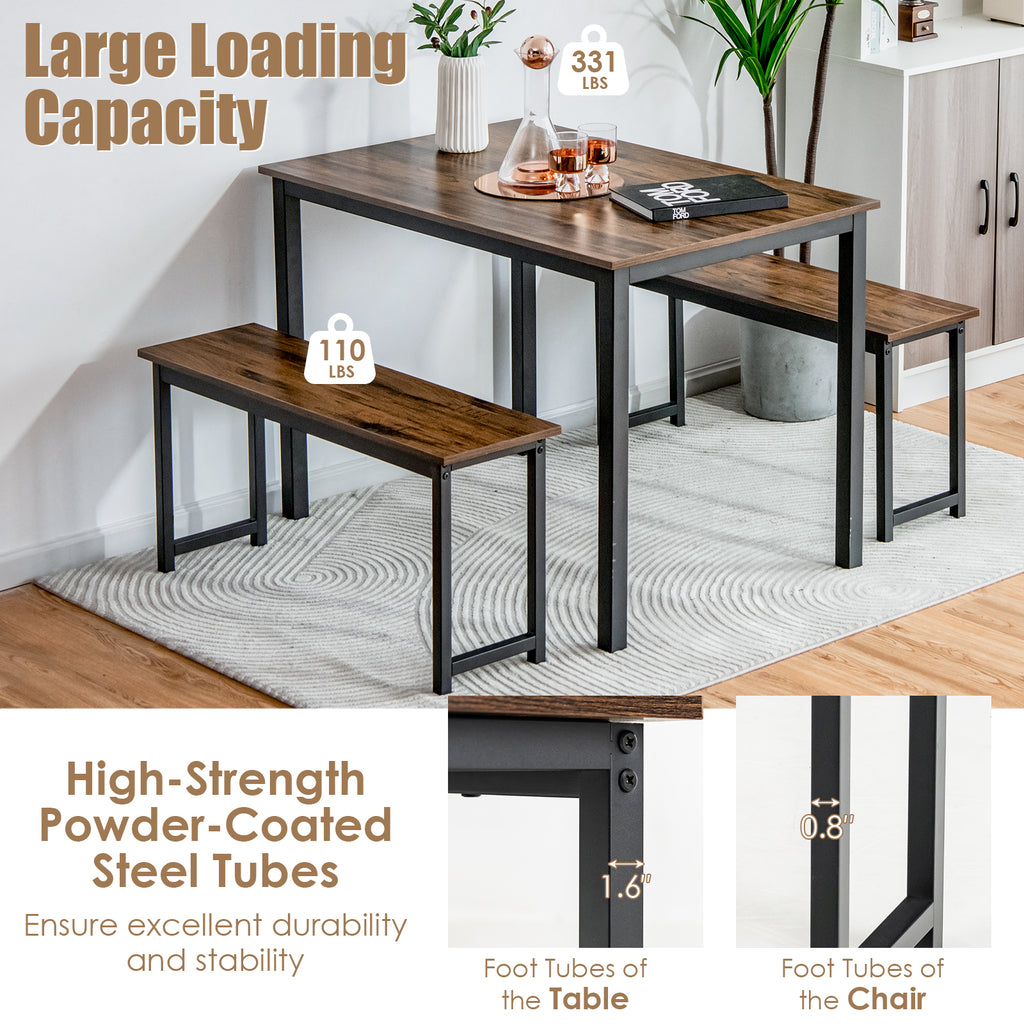 3-Piece Dining Table Set with 2 Benches - Brown