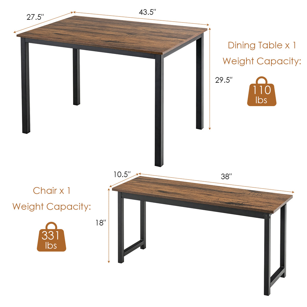 3-Piece Dining Table Set with 2 Benches - Brown