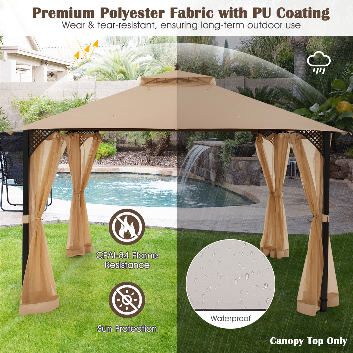 10 x 12 Feet Gazebo Replacement Top, Brown