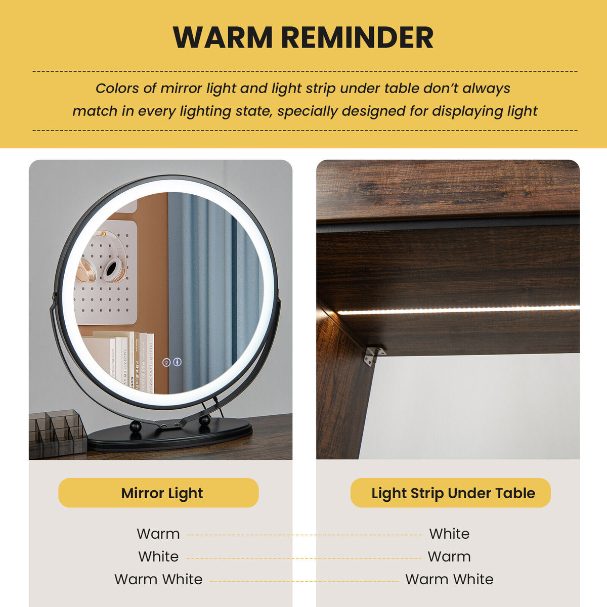 Lighted Vanity Table Set with 3-Color Mirror and Charging Station, Brown