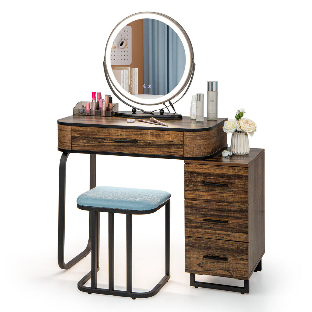 Lighted Vanity Table Set with 3-Color Mirror and Charging Station, Brown