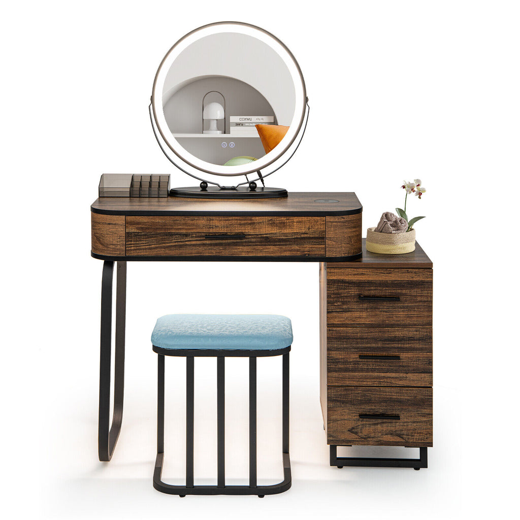 Lighted Vanity Table Set with 3-Color Mirror and Charging Station, Brown