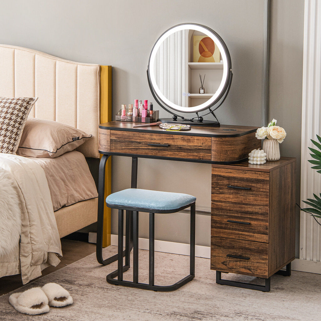 Vanity Table Set with Lighted Mirror and Charging Station - Brown