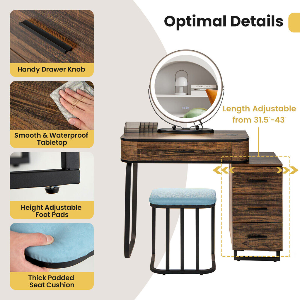 Vanity Table Set with Lighted Mirror and Charging Station - Brown