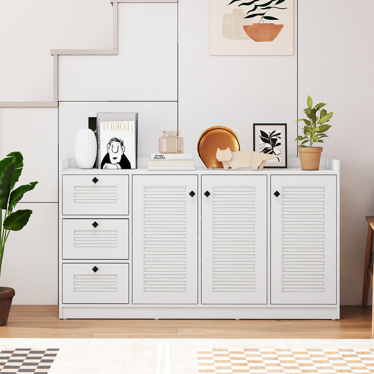 Modern Sideboard Cabinet with 3 Doors & Storage - White