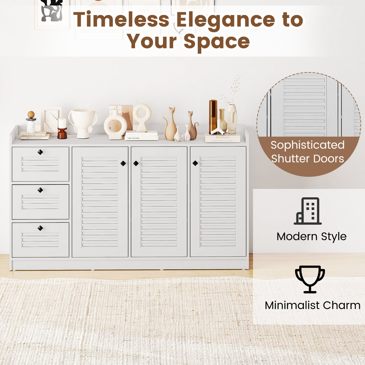 Modern Sideboard Cabinet with 3 Doors & Storage - White