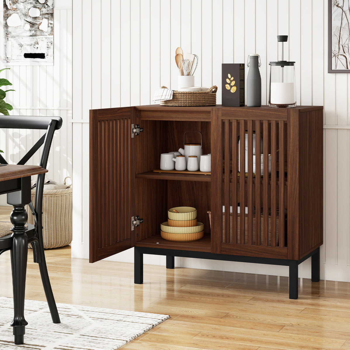 32" Wooden Sideboard Buffet Cabinet with Storage - Walnut