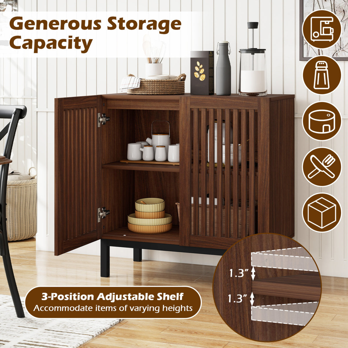 32" Wooden Sideboard Buffet Cabinet with Storage - Walnut