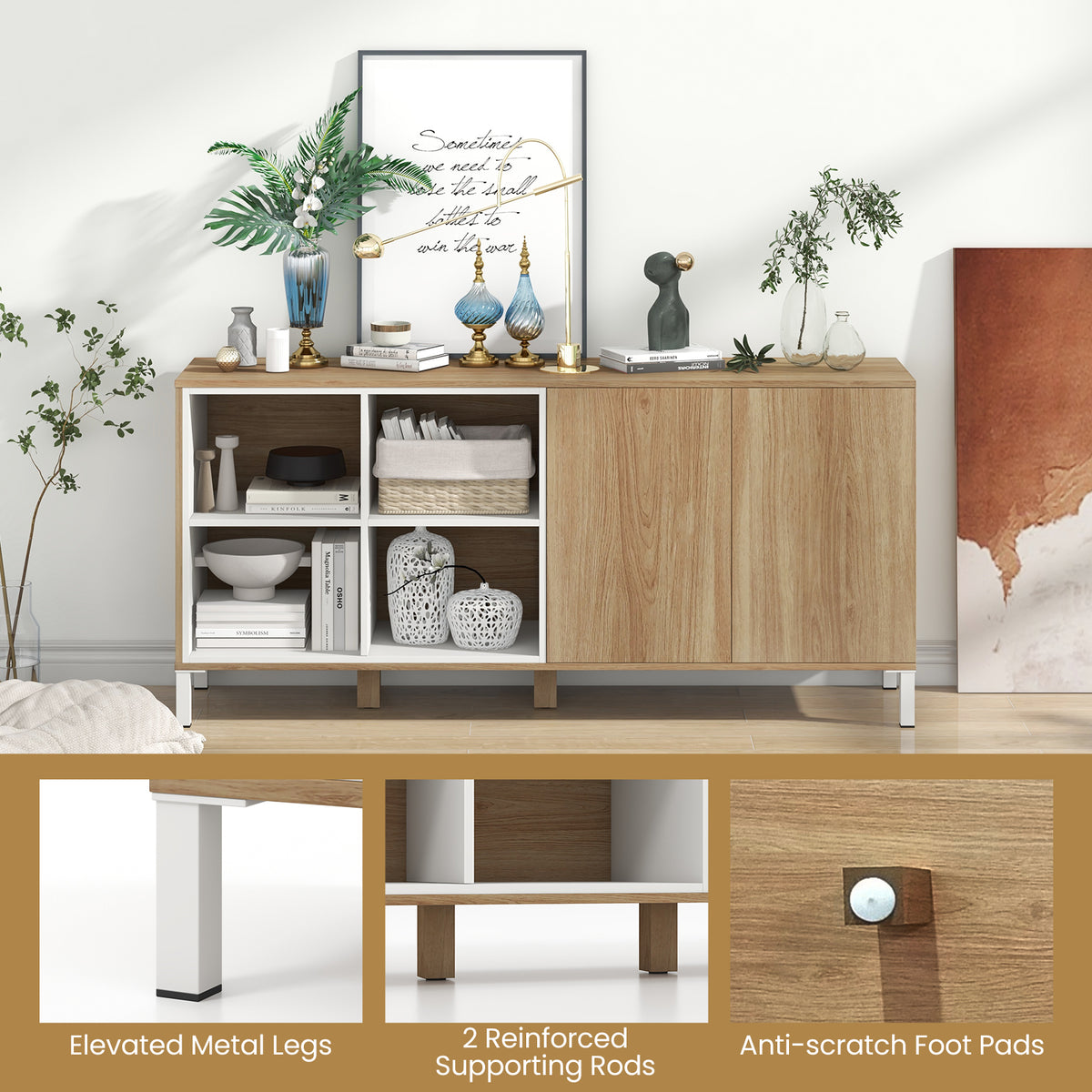 63 Inch Buffet Sideboard with 4 Compartments Push-to-Open - Natural