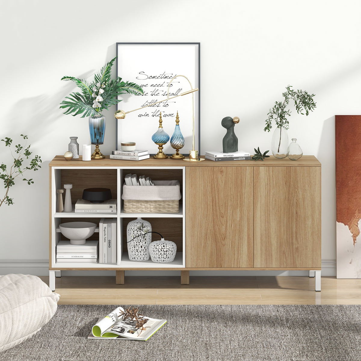 63-Inch Buffet Sideboard with Adjustable Shelves - Natural
