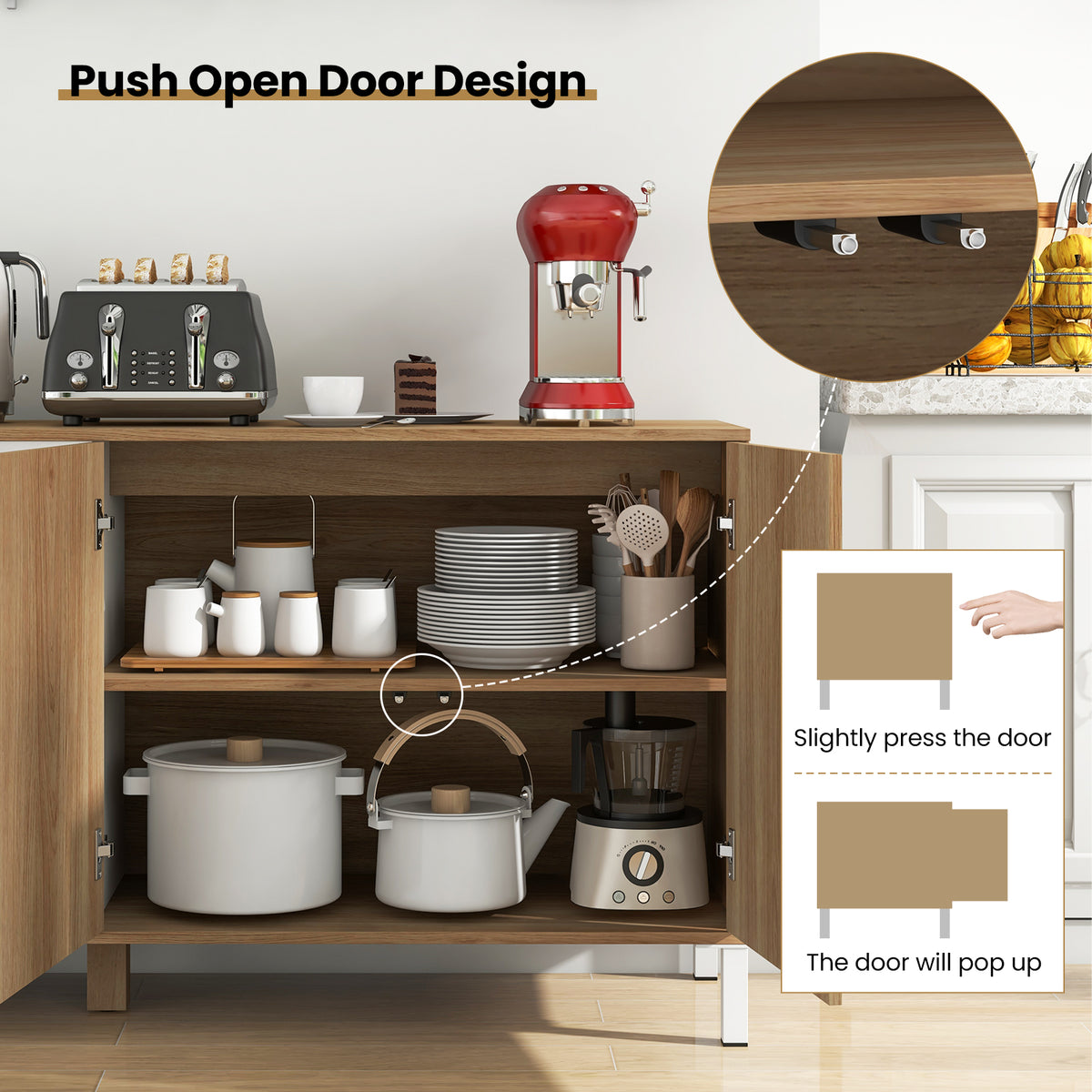 63 Inch Buffet Sideboard with 4 Compartments Push-to-Open - Natural