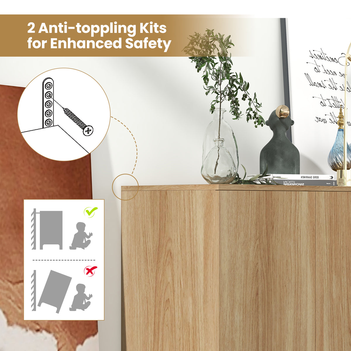 63 Inch Buffet Sideboard with 4 Compartments Push-to-Open - Natural
