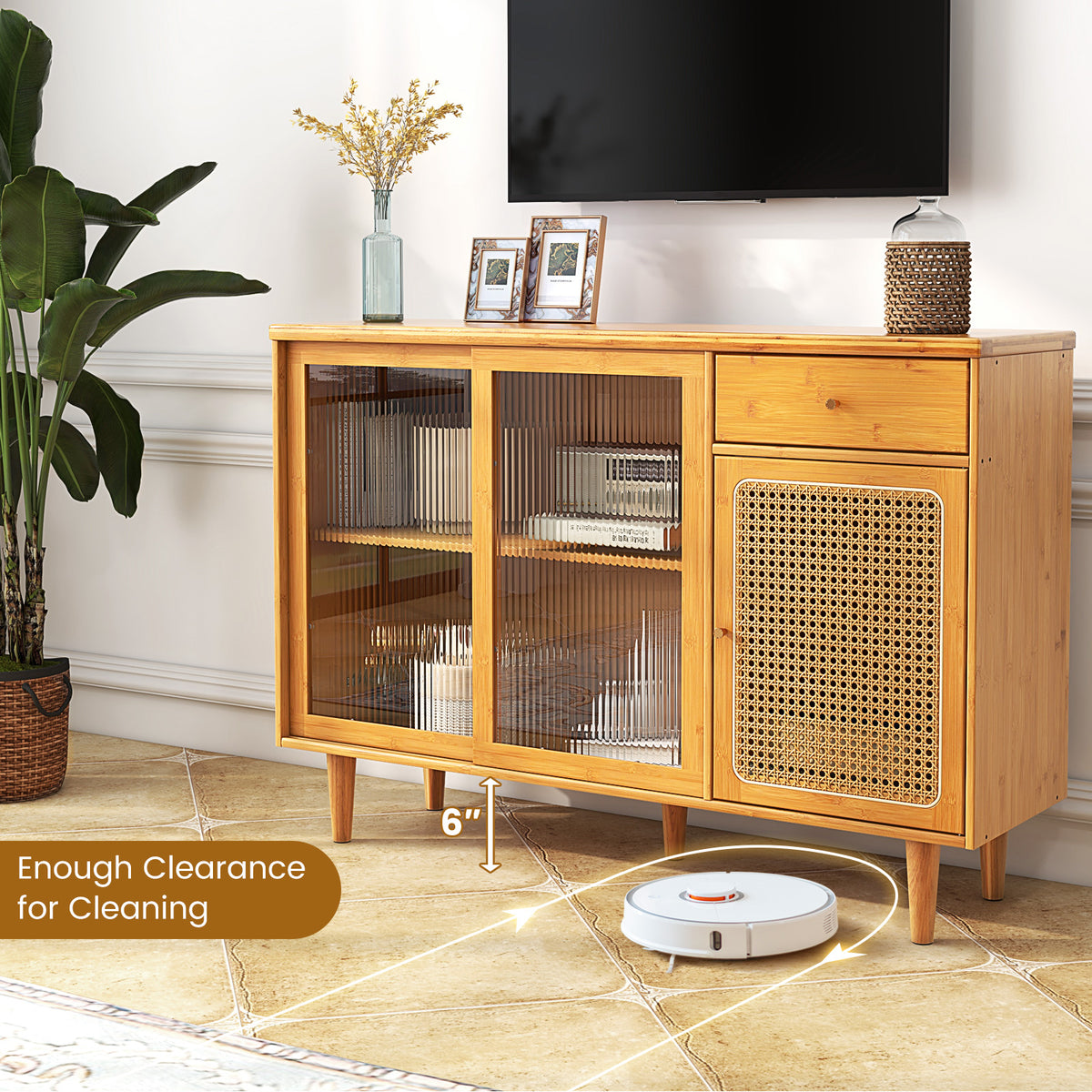 Bamboo Buffet Sideboard Cabinet with Glass Sliding Doors – Natural