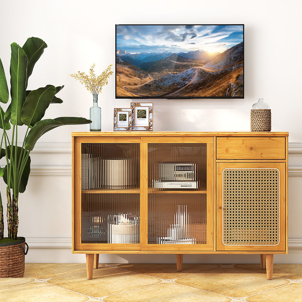 Bamboo Buffet Sideboard Cabinet with Glass Sliding Doors – Natural