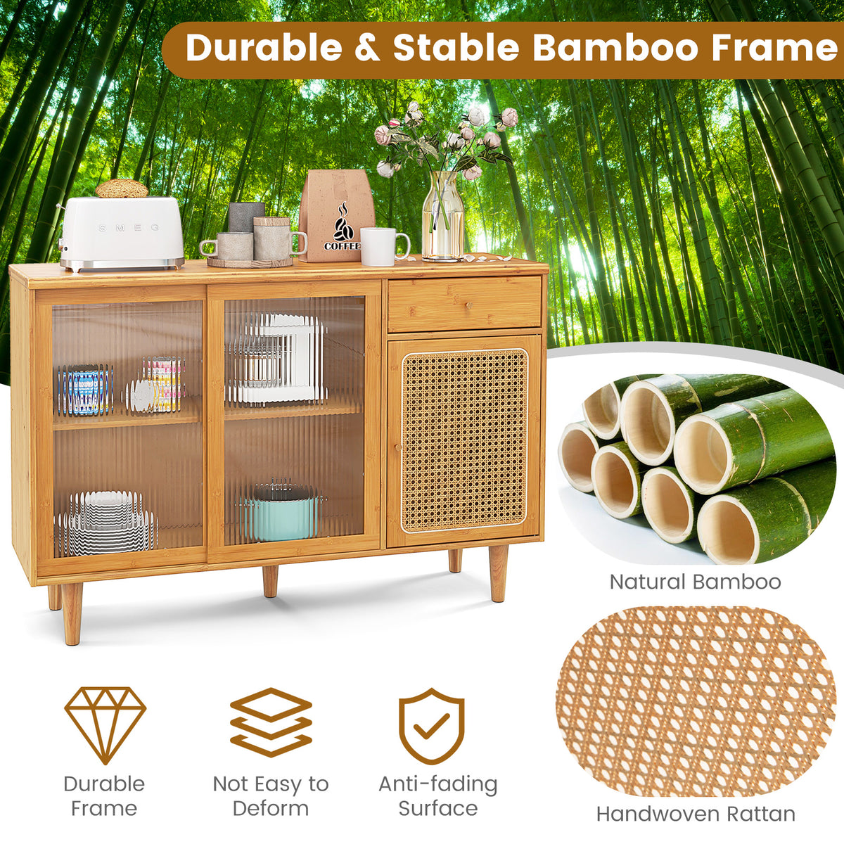 Bamboo Buffet Sideboard Cabinet with Glass Sliding Doors – Natural
