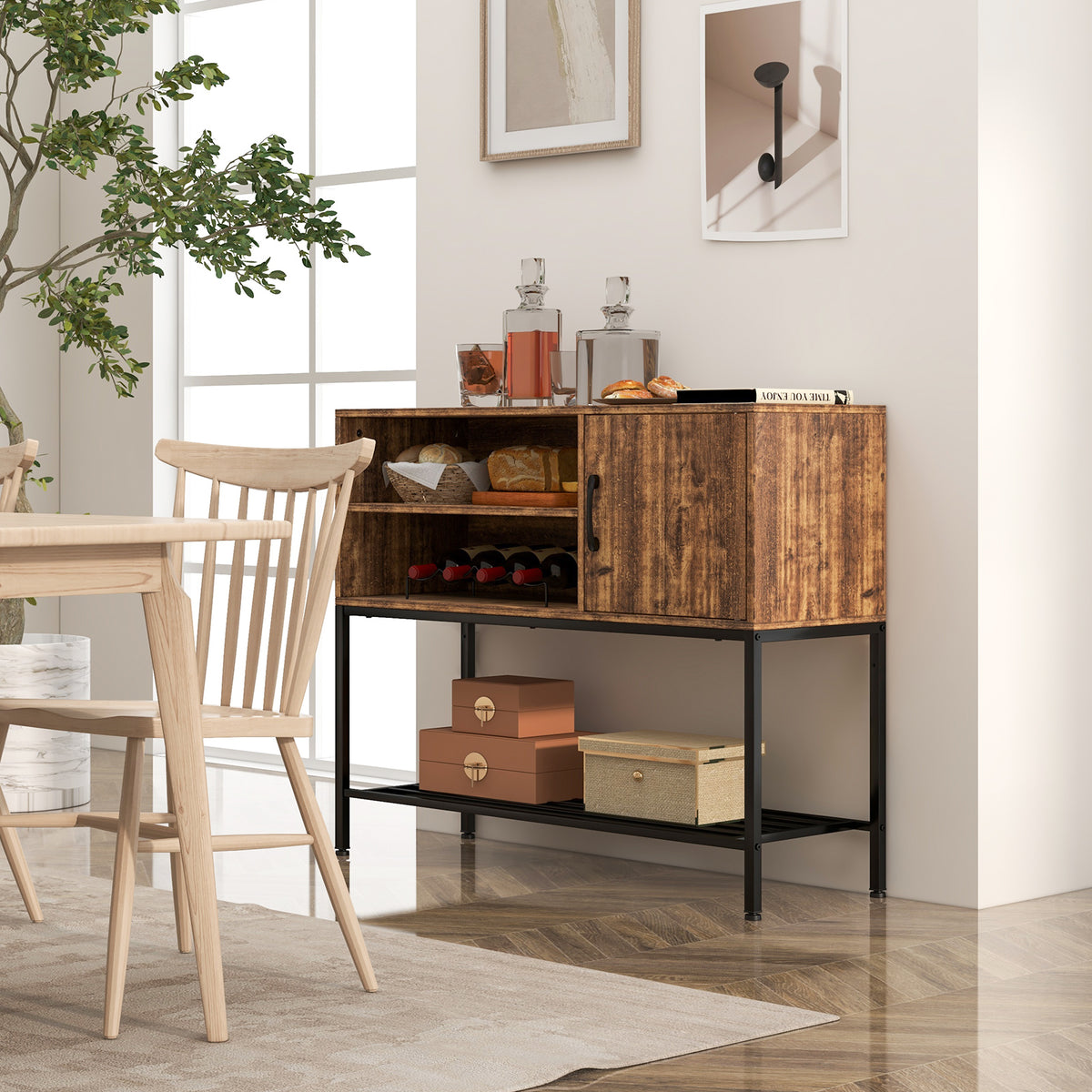 Rustic Brown Buffet Sideboard Cabinet with Power Outlets
