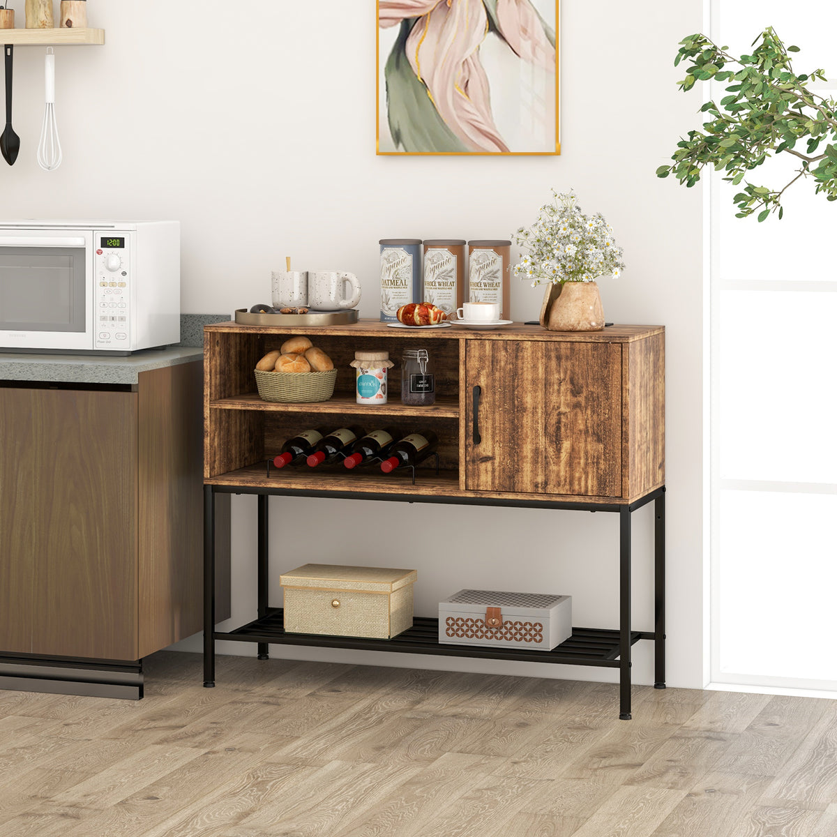 Rustic Brown Buffet Sideboard Cabinet with Power Outlets