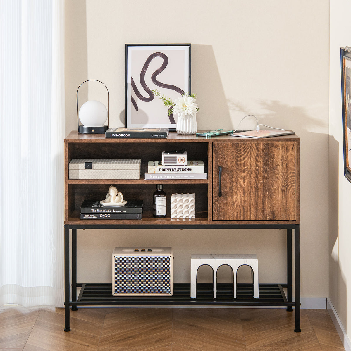 Rustic Brown Buffet Sideboard Cabinet with Power Outlets
