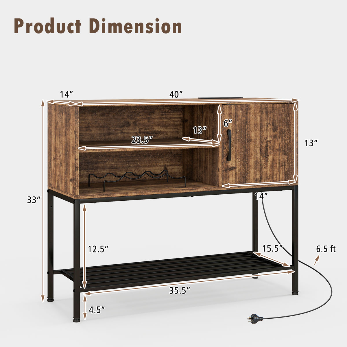 Rustic Brown Buffet Sideboard Cabinet with Power Outlets
