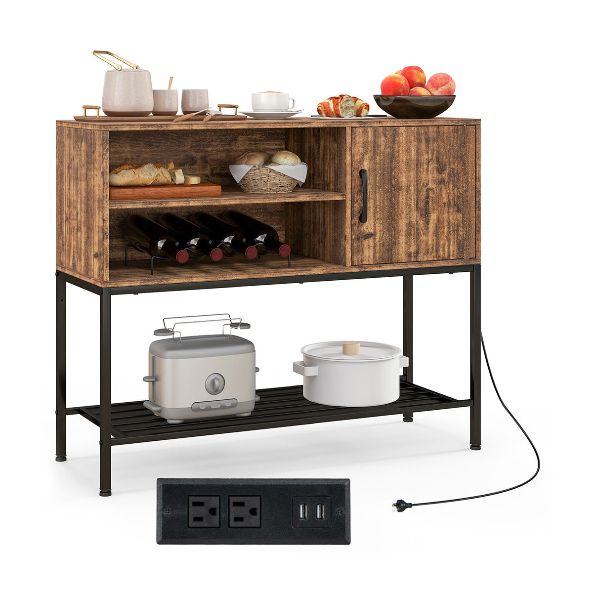 Rustic Brown Buffet Sideboard Cabinet with Power Outlets