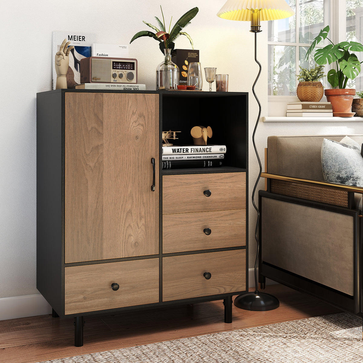 Mid Century Modern Buffet Sideboard with 4 Drawers - Black