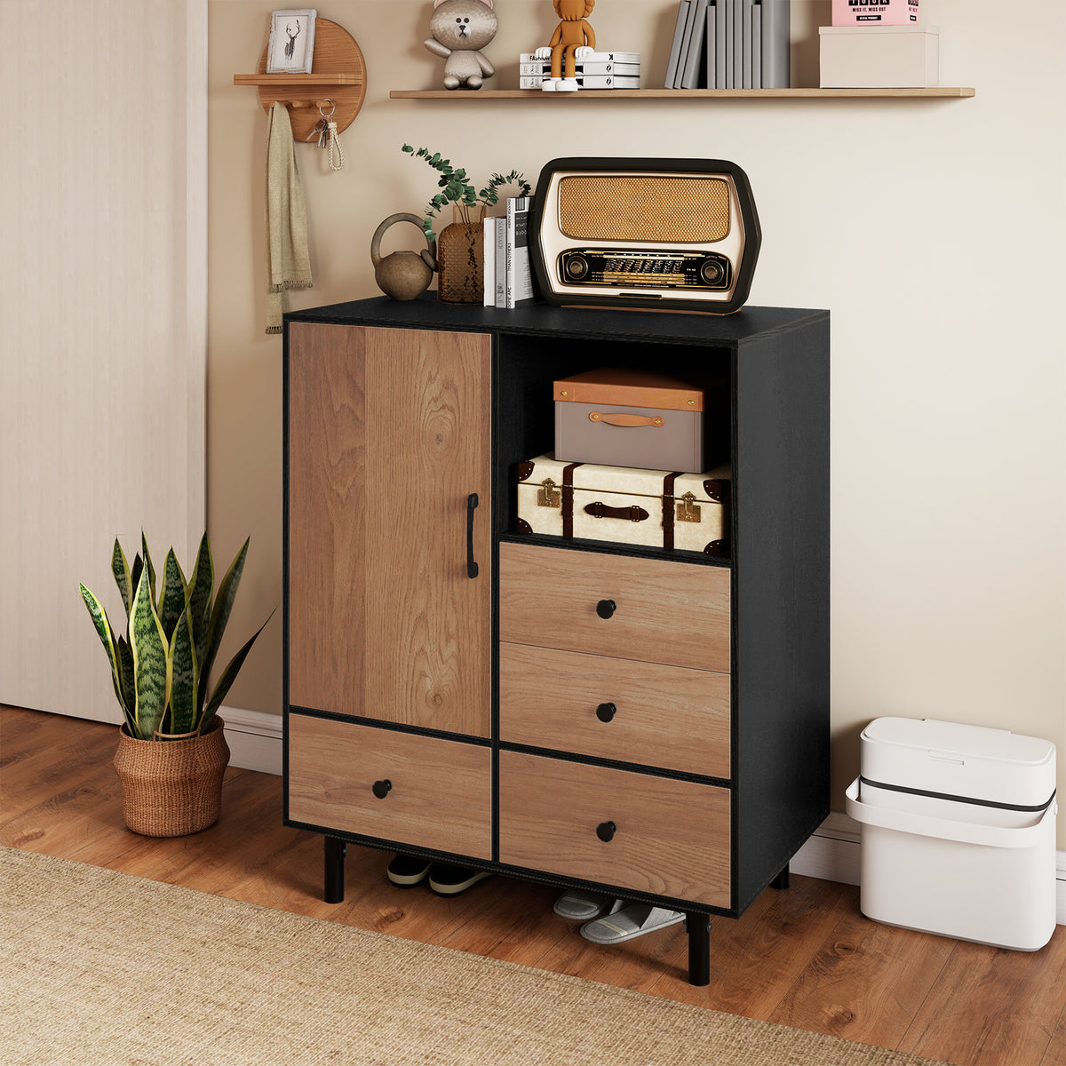 Mid Century Modern Buffet Sideboard with 4 Drawers - Black