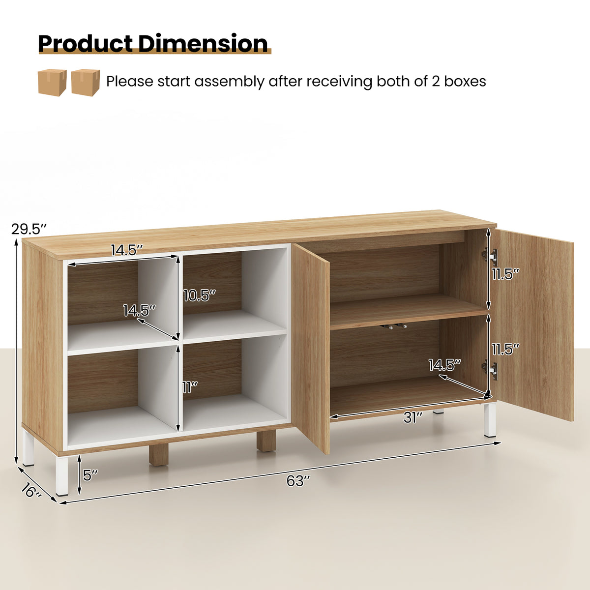 63-Inch Buffet Sideboard with Adjustable Shelves - Natural