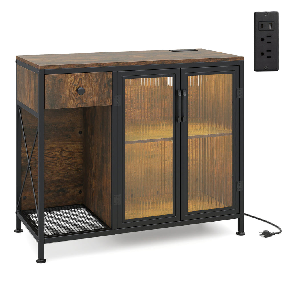 Buffet Sideboard with Power Outlets and LED Light - Rustic Brown