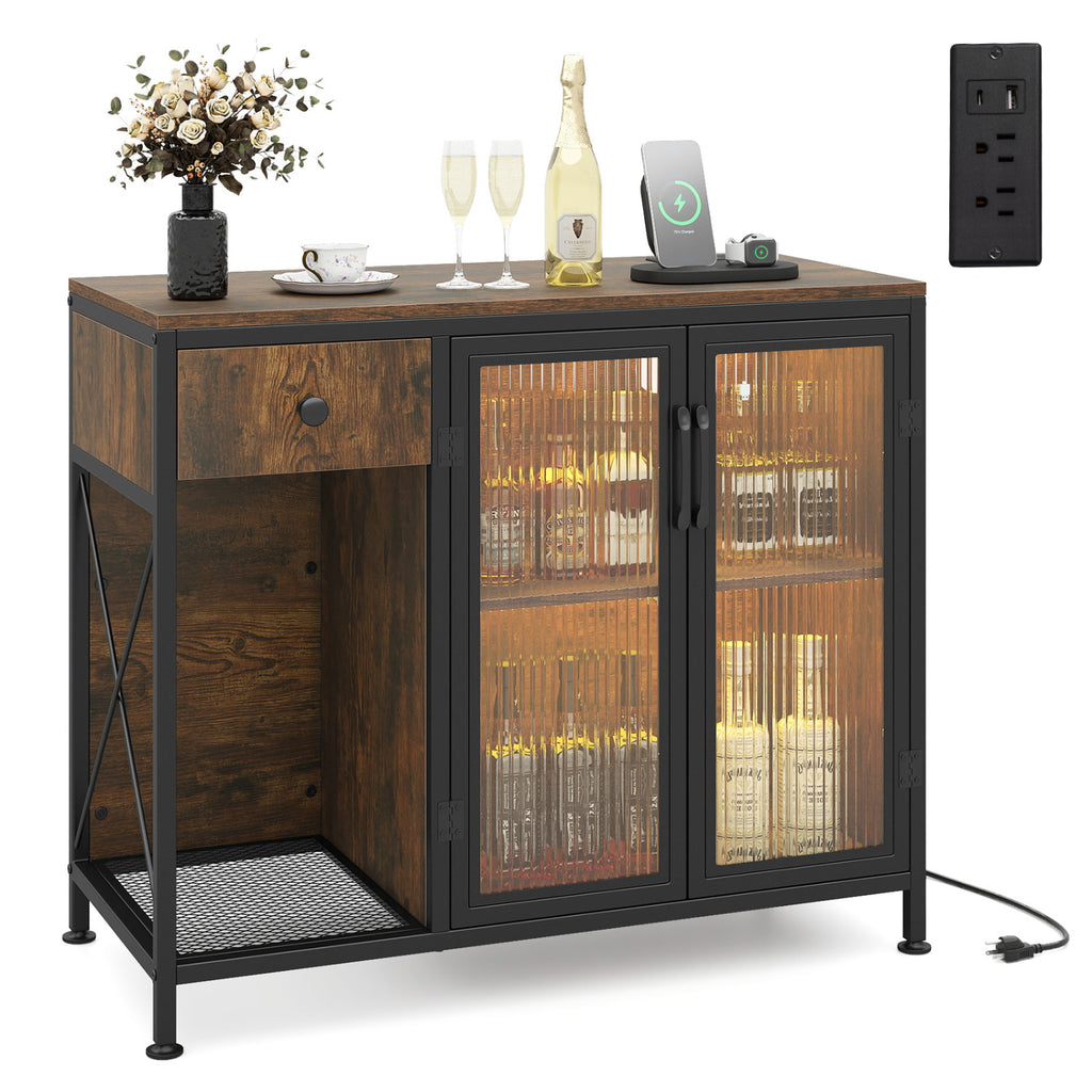 Buffet Sideboard with Power Outlets and LED Light - Rustic Brown